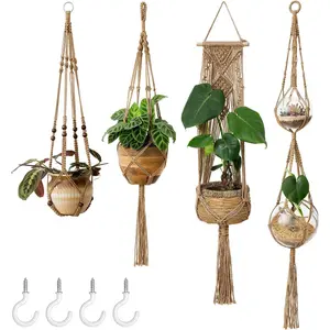 Macrame  Hangers Set of 4 Indoor Hanging Planter Basket Wall Decorative Flower Pot Holder with 4 Hooks for Indoor Outdoor  Decor  Box, Brown