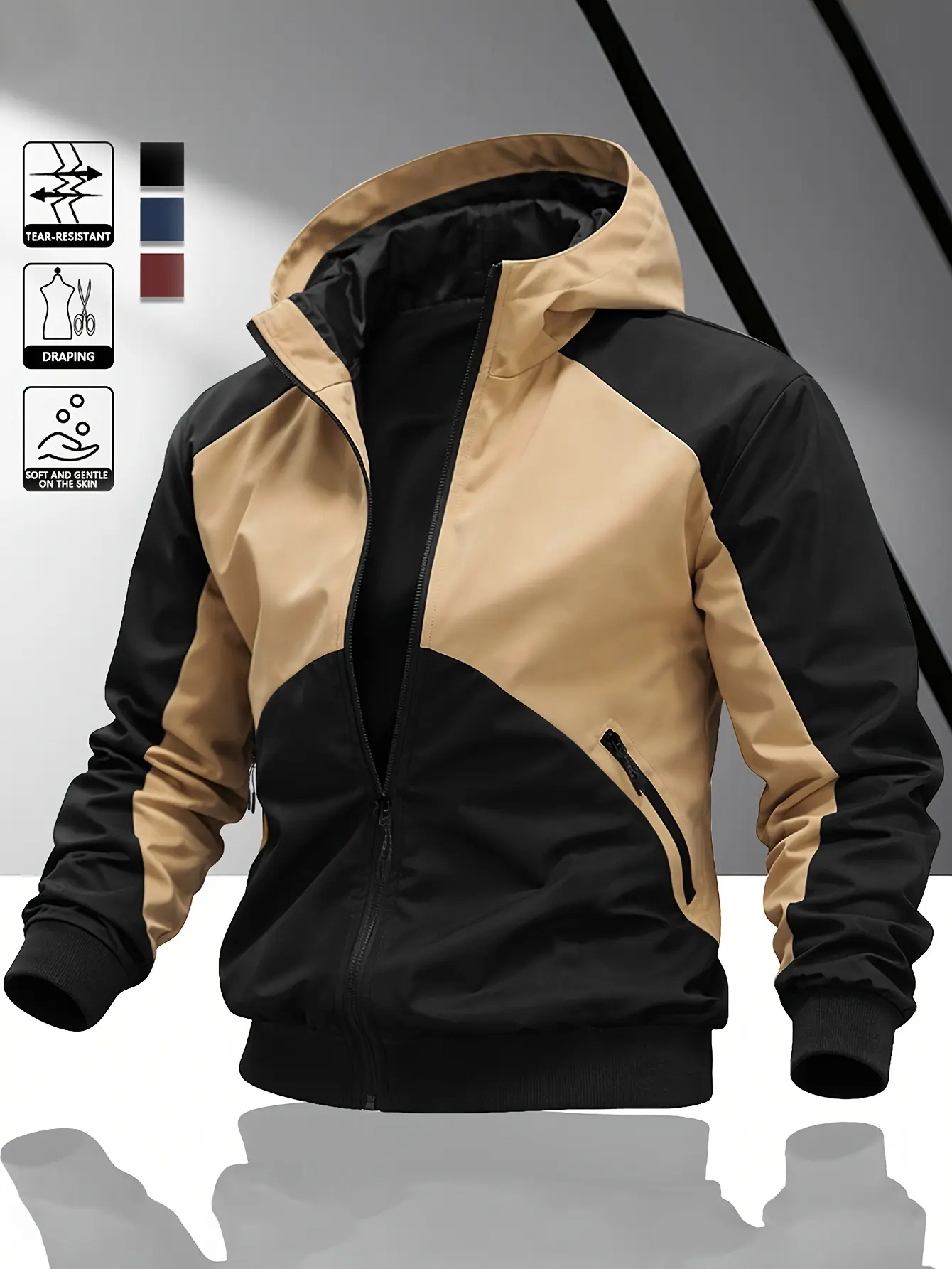 Men’s color-block hooded jacket for autumn/winter—trendy casual outerwear, versatile sports-casual hardshell jacket
