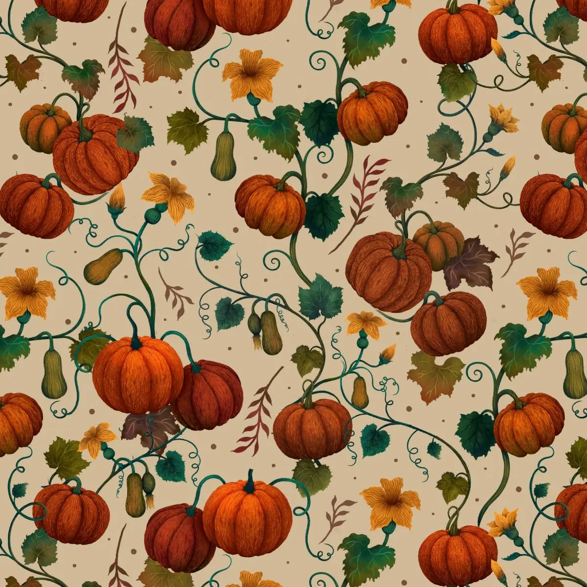 Fabric Blank Quilting Cream Pumpkin and Squash Vines Harvest Haunt by the Quarter Yard 4811-41