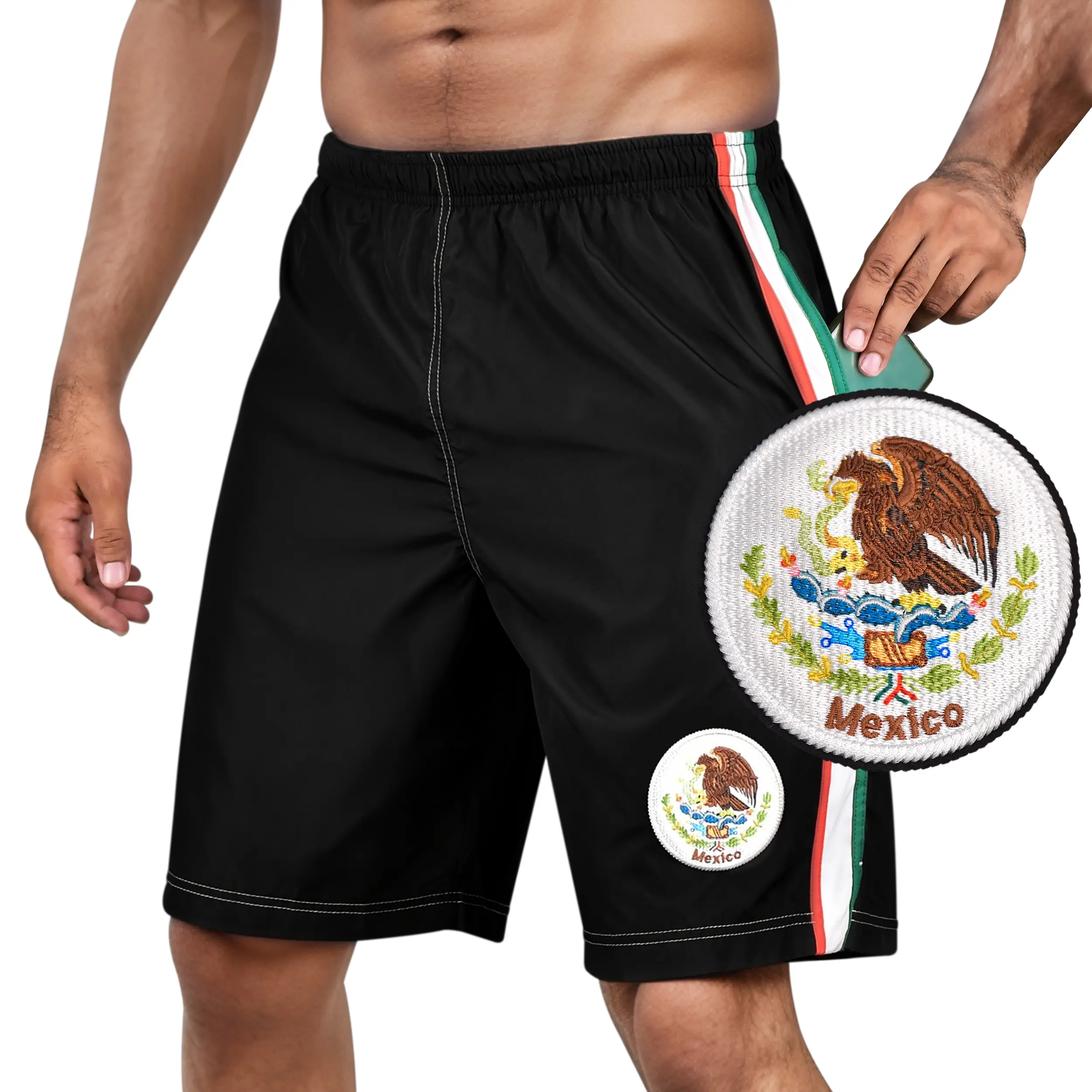 Fox & Fury Men's Short All Countries Embroidered Logo Lightweight Athletic Gym Running Workout Sports Basketball Shorts wt Zipper Pockets for USA, Mexico, Colombia etc Menswear