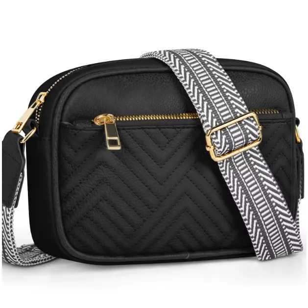 DAKOMM Crossbody Bags for Women, Quilted Crossbody Bags, Vegan Leather Purses Small Shoulder Handbags with Colorful Wide Strap, Trendy Design Shoulder Purse for Travel, Black