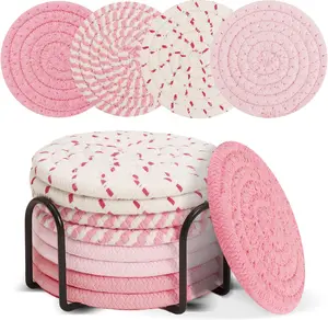 Christmas Coasters Set of 8 with Holder, Coasters for Drinks,Cute Coaster for Girly Christmas Decor,Woven Desk Coaster for  Office Decor, for Women