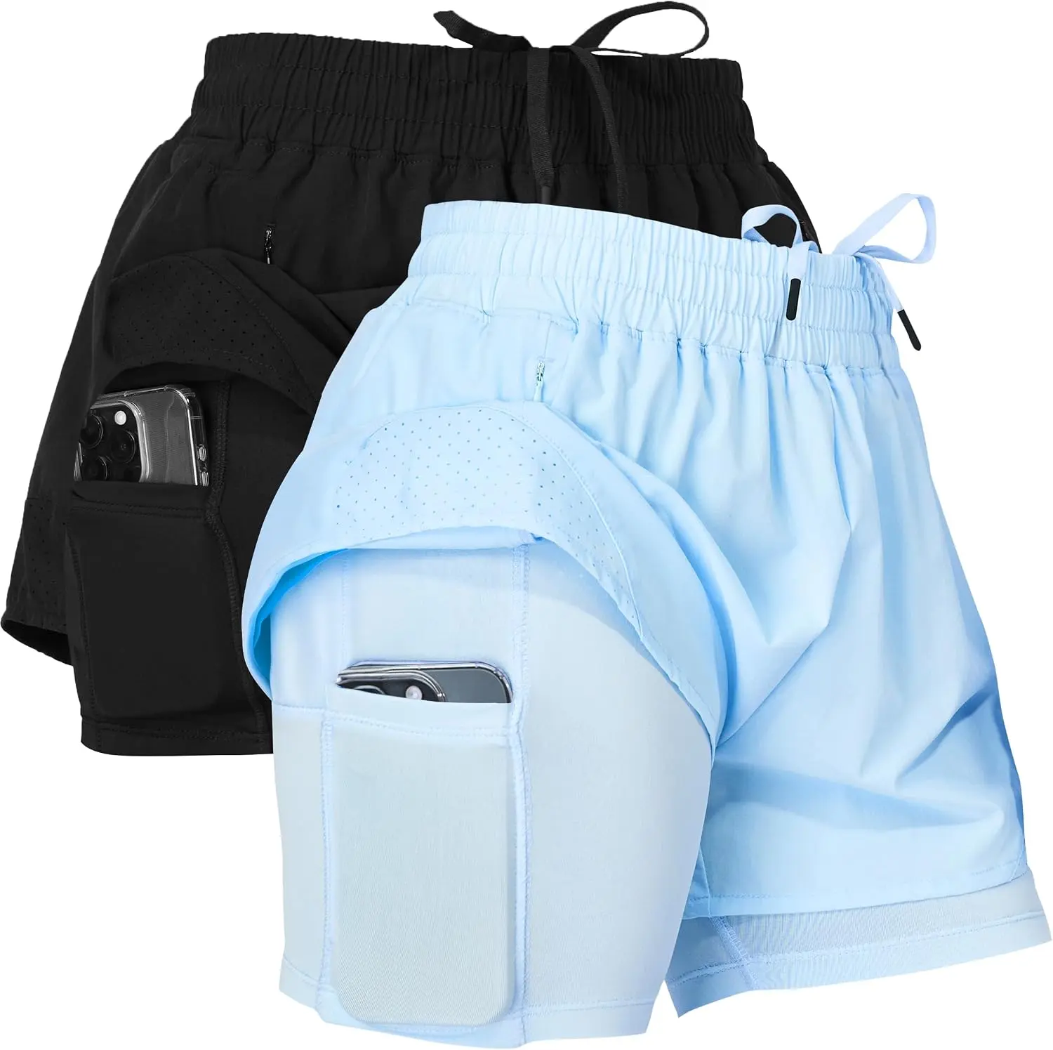 Ultra Performance 2 Pack Workout Shorts Women 2 in 1 Compression Liner | 90% Nylon 10% Spandex, 3 in Inseam, Built-In Phone Pocket, Sizes XS-2X, 10 Colors, Shorts with Spandex Underneath, Gym Run
