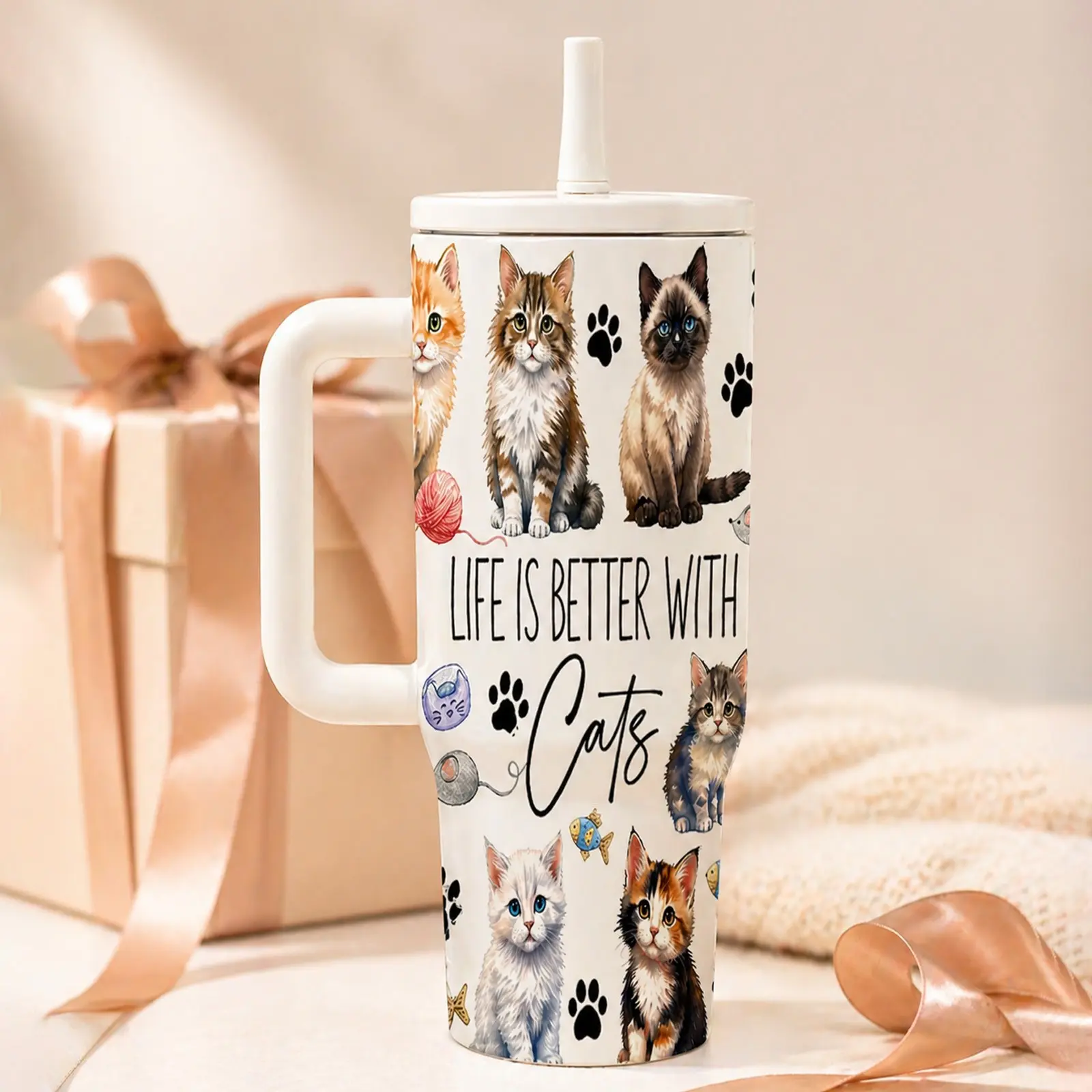 40oz Cat Print Insulated Portable Drinkware Tumbler with Handle Straw, Stainless Steel Coffee Cup, Cute Cat Design, Ideal Gift for Cat Lovers, Mug, Drinkware, Insulated Cups