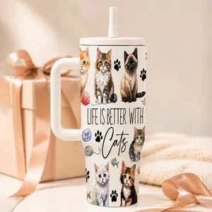 40oz Cat Print Insulated Tumbler with Handle Straw, Stainless Steel Coffee Cup, Cute Cat Design, Ideal Gift for Cat Lovers, Mug