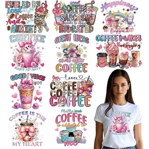 Pink Coffee Iron on Transfers for T-Shirts 10Pcs DTF Decals Ready to Press Heat Resistant Vinyl Patches Stickers for Clothing Pillow Hat Jeans DIY Supplies