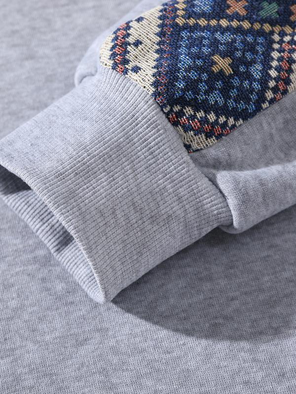 Men's Ethnic Pattern Color Block Hoodie Long Sleeve Quarter Zip Pullover Sweatshirt for Casual Wear emo outfits Grey Stylish Menswear