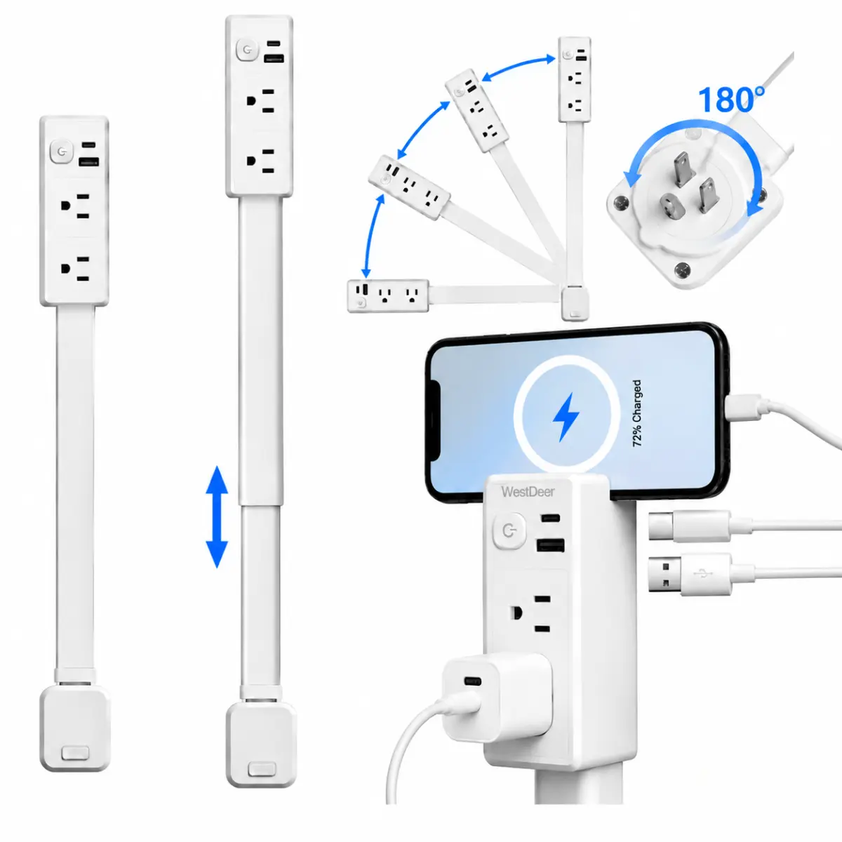 WestDeer Outlet Extender Outlet electrical Mountable Multi Plug Wall Outlet, with USB-A USB-C & 2 AC, Extendable 22-34" Rotatable 180°, Surge Protector Power Strip,UL-certified power cord,ideal for behind furniture in home/office Usb Plug In