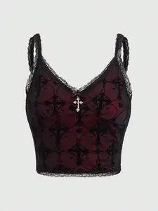 Women's Gothic Lace Cami Top, Sleeveless Dark Style with Lace Trim, Cross Pendant & Bow Decoration, Perfect for Daily Outings, Music Festivals, Gothic Themed Parties & Punk Style Dates