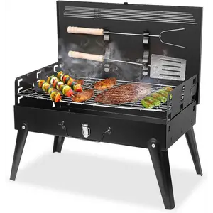 Portable Charcoal Grill Kit - 17.3" Folding BBQ Grill, Adjustable Heights,5 Skewers, 1 Spatula, 1 Fork, Mini Tabletop Grill, Small Grill Outdoor for Camping, Grilling Backyard, RV, Tailgating, Picnic