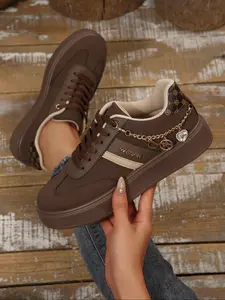 Fashion Versatile Metal Chain Pendant Decoration Thick Sole Design Patchwork Vintage Women's Casual Trainer Sneakers Sports Shoes