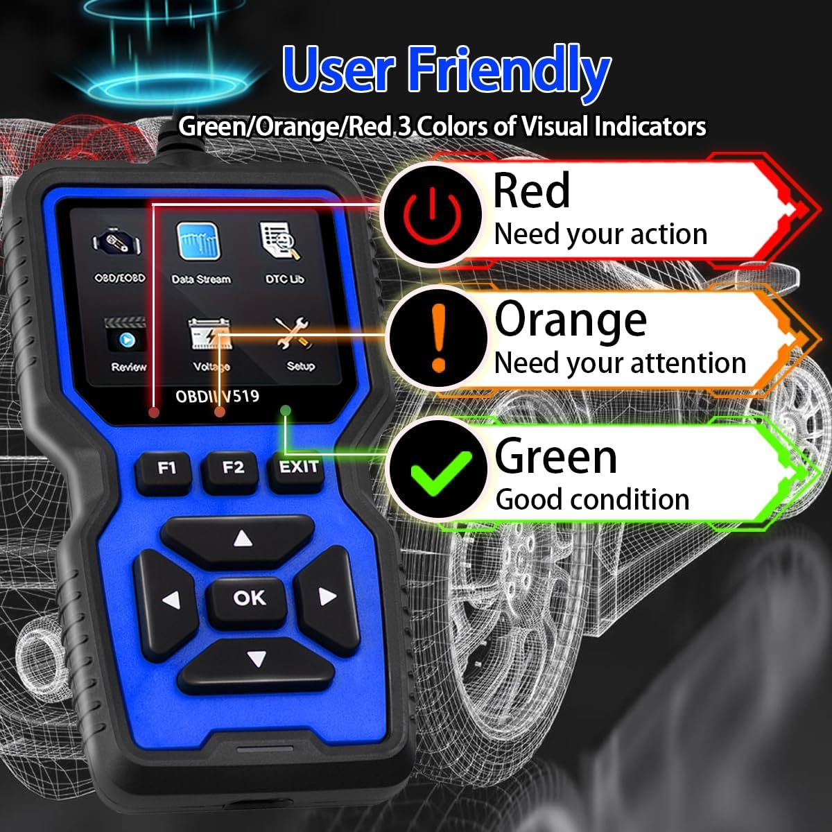 VTech V519 OBD2 Scanner Diagnostic Tool - Professional Car Code Reader, Check Engine Light Reset, Real-Time Data Stream & Fault Code Detection - Universal OBD II Scanner for All Cars Since 1996 - Essential Automotive Scan Tool