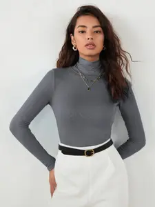 Women's Fashion High Neck Long Sleeve Solid Color Fit Top, Elegant Casual Wear, Versatile Inner & Outerwear, Ladies' Stylish Clothing Womenswear