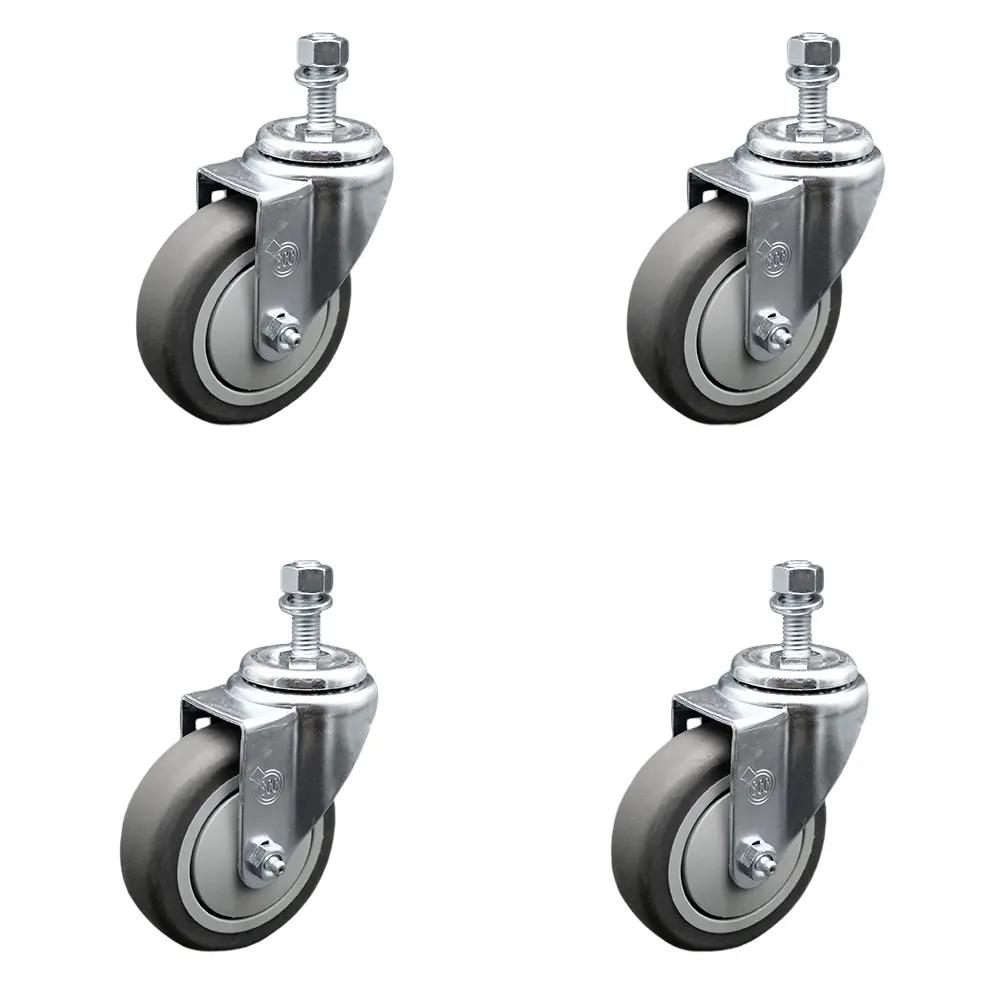 212 MAIN No.20 Swivel Threaded Stem Casters (Set of 4 Casters) - Stainless Steel, 4 x 1.25 in. Gray TPR Wheels, 10 mm Stems, 1000 lbs Total Capacity, Polished Finish, Indoor Material Handling for Concrete/Tile/Wood