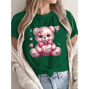 Women's Short Sleeve T Shirt Green 100% Cotton Cute Pink Teddy Bear "I Love You" Graphic Tee Sweet Casual Top for Daily Wear Outings Valentine's Day Gatherings Four Seasons Available