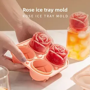 Latest Rose Ice Tray Silicone Mold, 4-Grid Fruit Ice Cream Mould, Ice Cube Mold, Ice Cube Maker, Quick Freeze & Release, Refrigerator Accessory, Storage Compartment