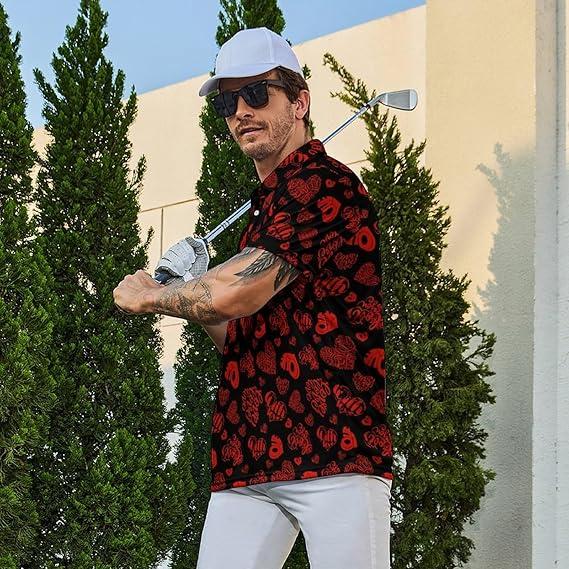 Black Club Polo In Red Heart Love Print Patterns, Mens Red Color Heart Golf Polo Short Sleeve Shirt