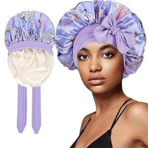 Double Layer Satin Bonnet Soft Breathable Floral Design Adjustable Night Sleeping Cap Heatless Styling Tool for Women Haircare