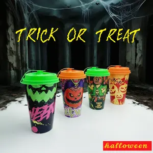 Halloween Party Cups with Lids 16oz, Food Grade Plastic Cup Set, 4 Horror Themes, 16 Pieces Mixed Pack, Perfect for Halloween Parties