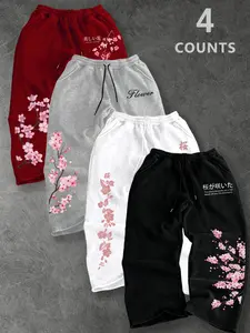 Men's Loose Cherry Blossom Print Drawstring Sports Pants, Adjustable Waist, Outdoor Versatile Long Pants, Straight Leg Casual Pants