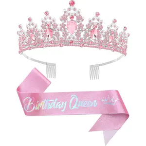 KF5-HDW029   Birtthday Tiara Crown with Sash for Women Birthday Queen Party