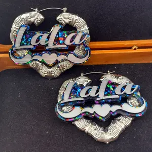 Custom Silver Heart Name and Background Hoop Earrings