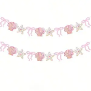 2Pcs Pink Bow Seashell Garlands Mermaid Style Hanging Banners Wedding Baby Shower Party Decor