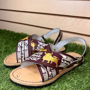 Mexican Crossed Huarache Sandals with Bull Design and Comfortable Leather Sole