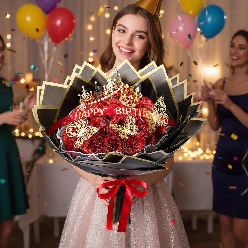 24/36 Pcs Valentine Gift Glitter Roses Bouquet Set DIY Fake Flowers Bouquet with 3D Butterflies Crowns Alphabet Stickers & Ribbons for Girlfriend Wife Mom Friend Women Gift Perfect for Valentine's Day Birthday Engagement Wedding Anniversaries Graduation