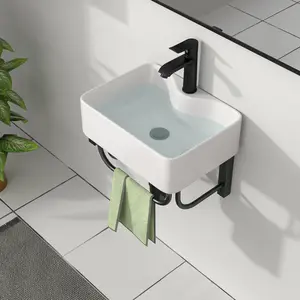 Kichae 16"x12" Wall Mount Ceramic Bathroom Sink with Matte Black Metal Bracket, Single Hole Rectangular Console Vessel Sink for Small Bathroom, Laundry & Renovation