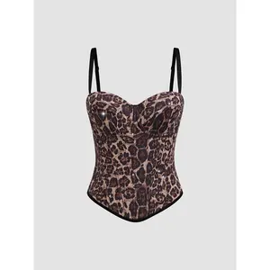 Womenswear Light Brown Leopard Print Velvet Tube Top Vest Camisole Short Sleeveless Zipper Slim Fit Autumn Outerwear，halter tops