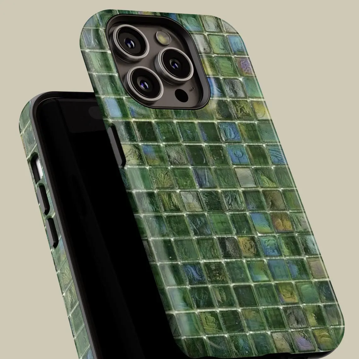 Green Toned Glass Mosaic Tiles Printed Tough Phone Case for iPhone Series with Dual-Layer Defense and Wireless Charging |     Retro Print Fashion Trendy High Quality Design Accessories Compatible with Samsung Galaxy S25