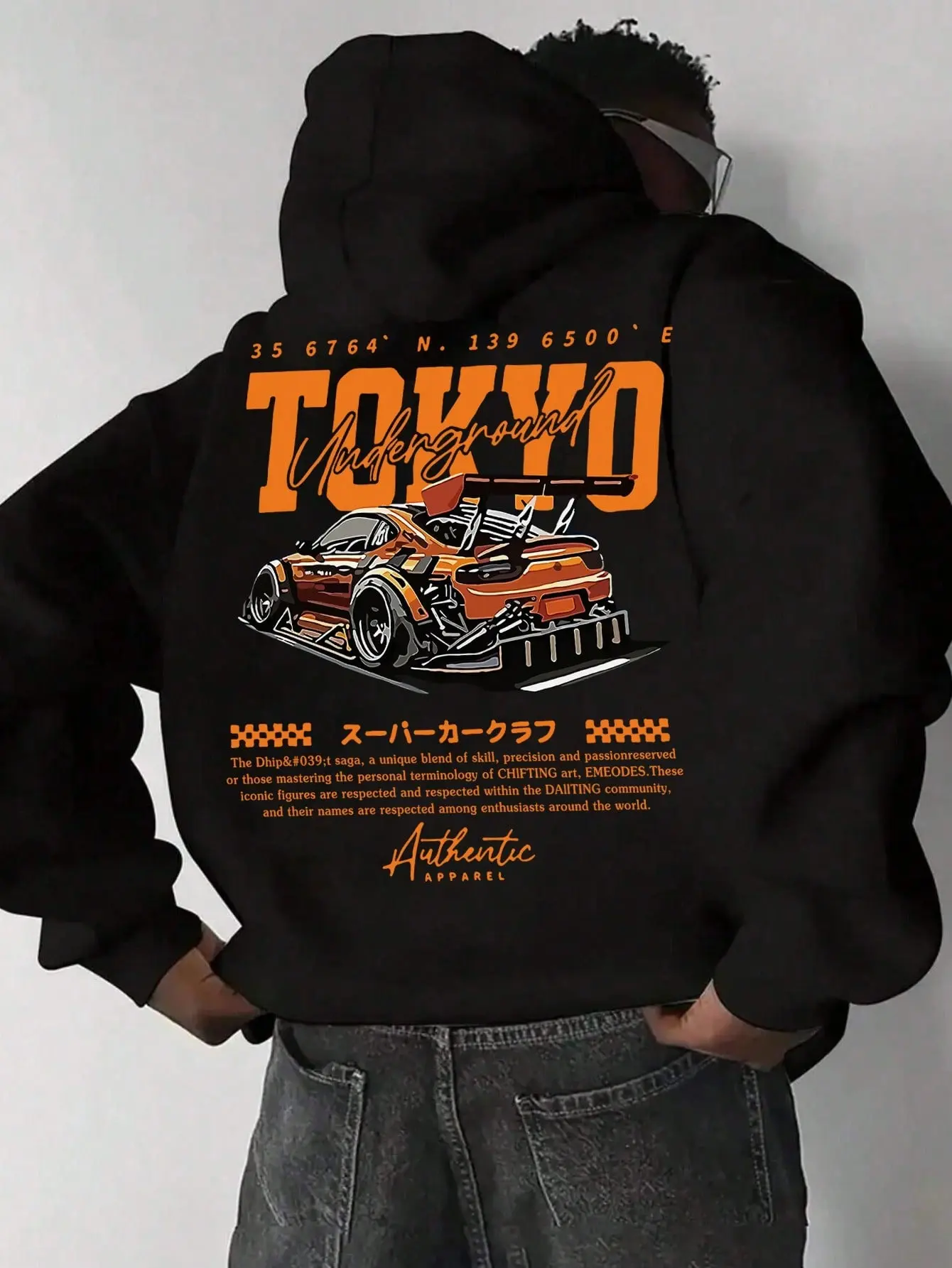 Tokyo Underground JDM Race Car Back Print Hoodie, 270G Brushed Fleece Japanese Drift Modified Sports Car Graphic Black Hooded Sweatshirt, Automotive Streetwear Pullover For Car Enthusiasts Men Women