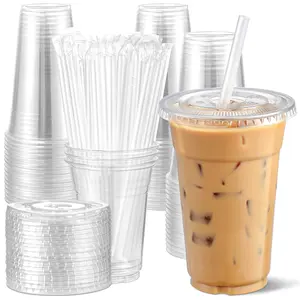 PET Plastic 100 Pack of 16oz-32oz Disposable Cups with Lids & Straw - Leak-Proof, Clear, Sturdy, Convenient for Various Beverages