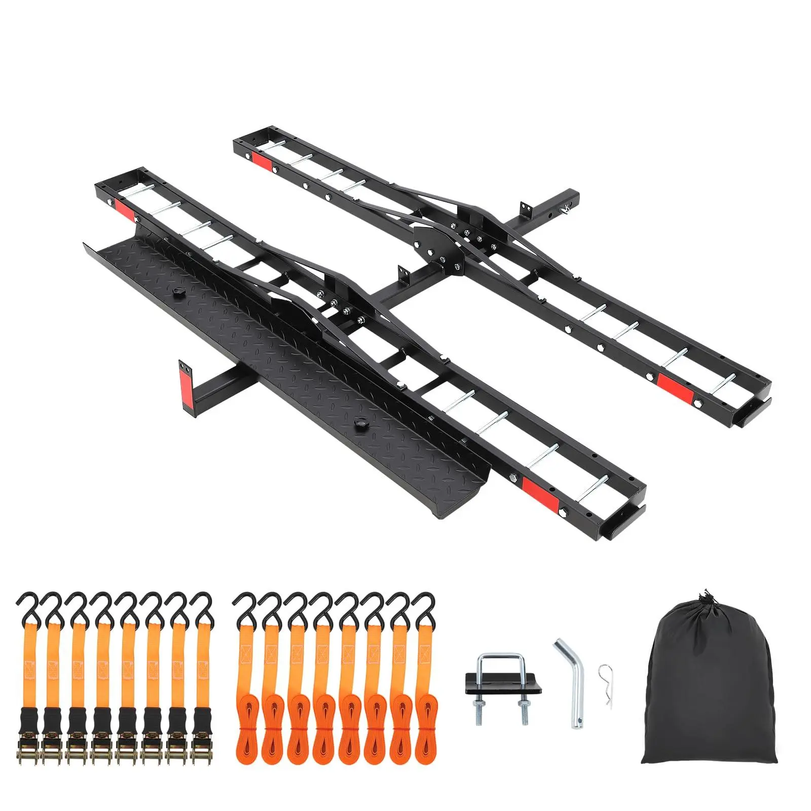 Heavy-Duty Steel Motorcycle Hitch Carrier for 2 Bikes, 600lb Capacity, 77.5" Loading Ramp & Ratchet Straps, Wide Fit, Assembly Required, Easy Setup for 2" Receiver Hitch, 77.5"l x 59"w, Compatible with Scooters & Ebikes