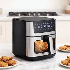 6.34QT Stainless Steel Air Fryer with Viewing Window, 8 One-Touch Presets, 180-400°F Adjustable Temp & 90-Min Timer, Dishwasher-Safe Basket for Family Cooking