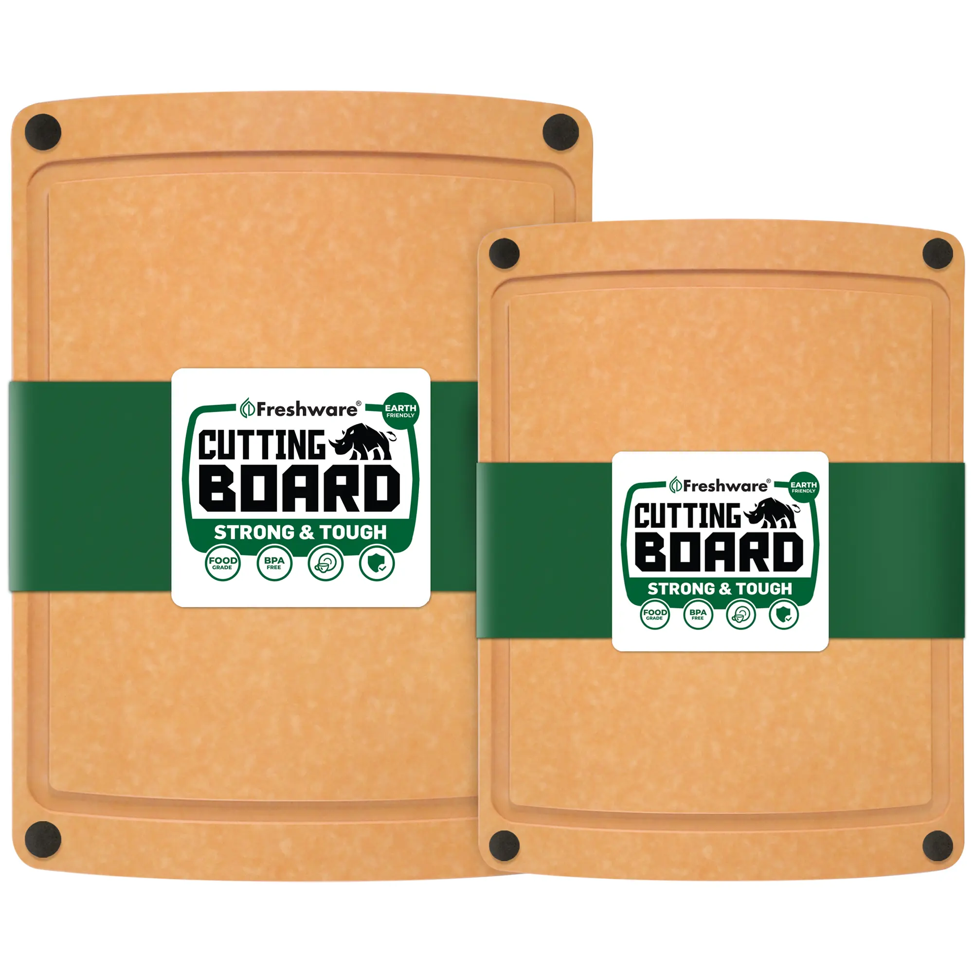 FRESHWARE 2-Pack Wooden Fiber Cutting Board Set - Rectangular Food-Grade Non-Toxic Kitchen Chopping Boards with Non-Slip Base, Juice Groove, Dishwasher-Safe, Easy to Clean, Knife-Friendly Silicone-Free Kitchenware, Food-Grade Chopping Boards, Non-Toxic Ch