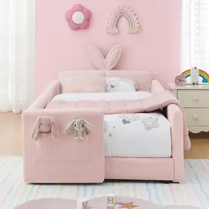 Twin Size Bed Frame, Cloud Boucle Fabric Twin Bed Frames, with Cute Rabbit Ear Shaped Headboard ＆ Guard Rails Twin Bed Frame (Pink)