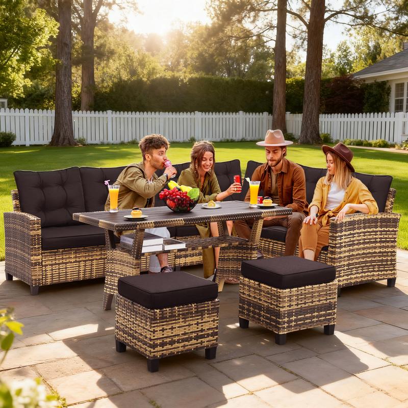 Viral Patio Pick! 6 Piece All Weather Wicker Set , Sectional Sofa Dining Chairs , Table , Cozy Outdoor Lounge for Poolside Hangouts, Friend Gatherings and Sunset Drinks , Durable Black Cushions