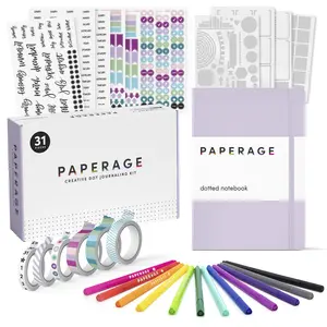 PAPERAGE Journaling & Scrapbooking Kit, With Dotted Notebook, Fineliner Pens, Stickers, Stencil Sheets & Washi Tapes
