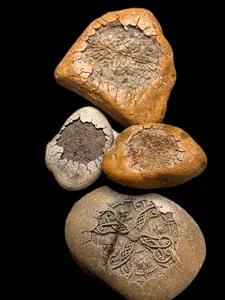 Engraved Artifact Stones – Illuminati Eye, Scarab, Celtic Cross & Aztec Calendar | Natural Stone Engraved Art | Ancient Symbol Decor