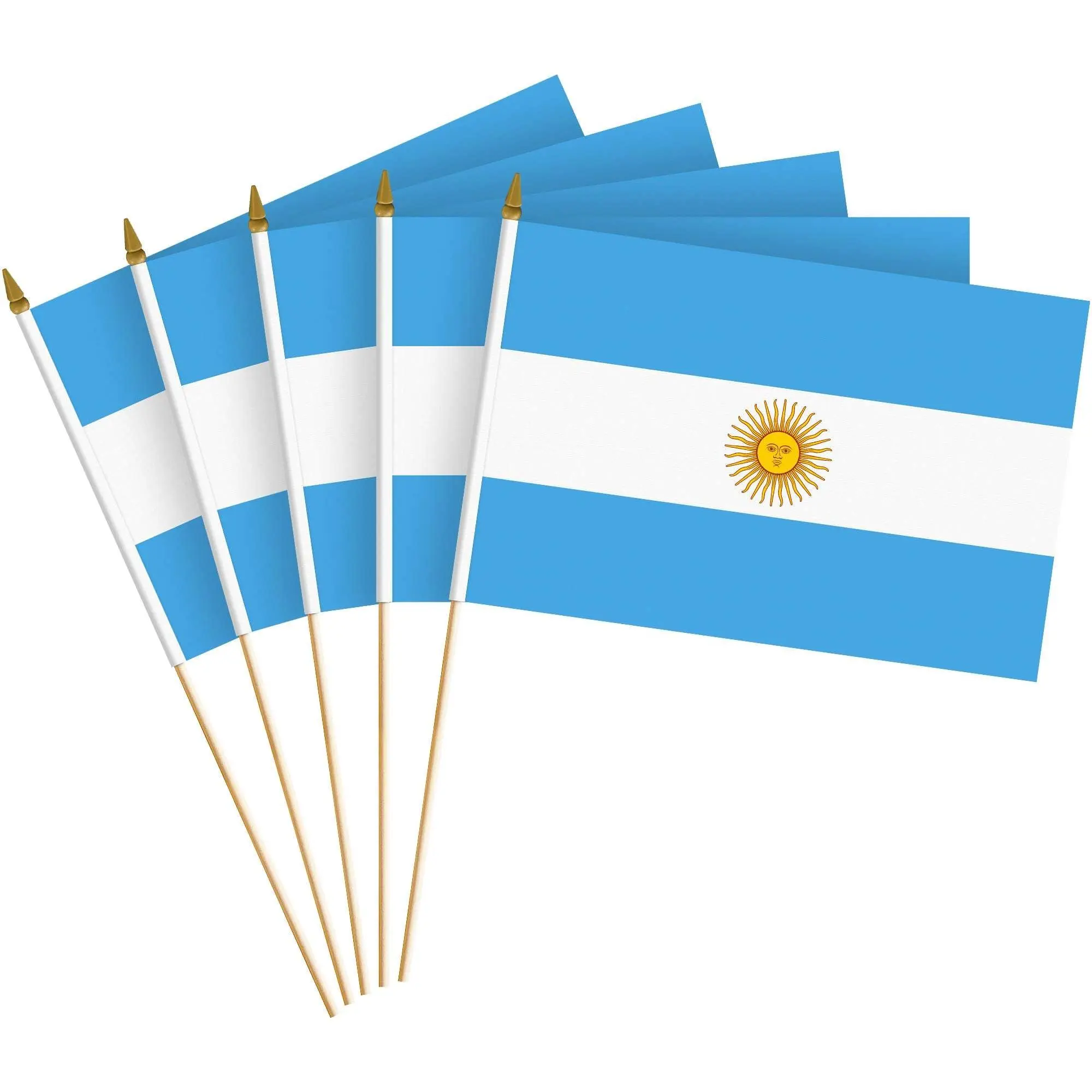 G128 10 Pack Handheld Argentina Argentinian Stick Flags | 8x12 In | Printed 150D Polyester, Country Flag, Solid Wooden Stick, Spear Gold Tip