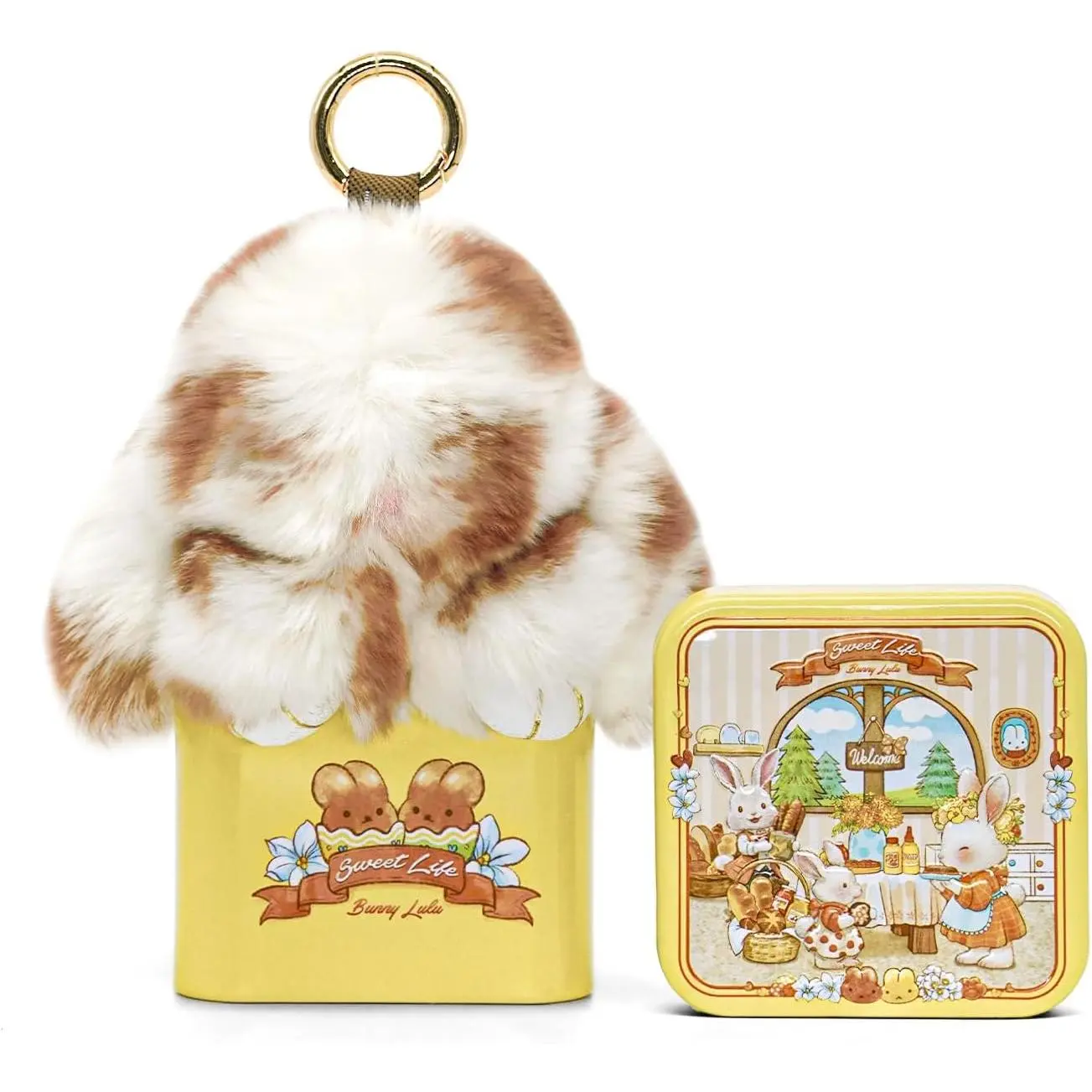 Fluffy Bunny Decorative Charm, Handmade Spotted Animal for Women, Aesthetic Cutecore Style with Certificate Card & Gift Tin - Christmas Wedding Graduation Present, Animals, Keychain