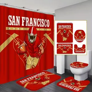 1/4pcs San Francisco Football Team Themed Shower Curtain Set, Bathroom Decoration Accessories, includes non-slip mat, U-shaped rug, toilet seat cover, for bathroom décor, comes with 12 shower curtain hooks