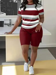 Two-Piece Set Women's Striped Print Short Sleeve Tee & Plain Elastic Waist Shorts, Casual Round Neck T-shirt & Skinny Shorts, Ladies Clothes for All Seasons, Womenswear, Lounge Shorts Set