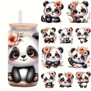 5pcs/Set Aimei Panda 16Oz Glass Jar Transfer Paper, UV DTF High Self-Adhesive Decor Wraps, Animal Coffee Cup Decals, Paper Material, DORSBABY Brand