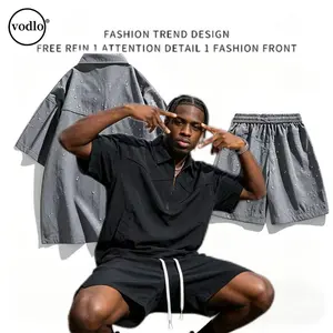 Men's Summer Short Sleeve Polo Shirt Set - 2026 New Grey Sports Casual T-Shirt & Shorts Two-Piece Outfit, loose casual cargo shorts, plus size multi-pocket 5-inch mid-length shorts