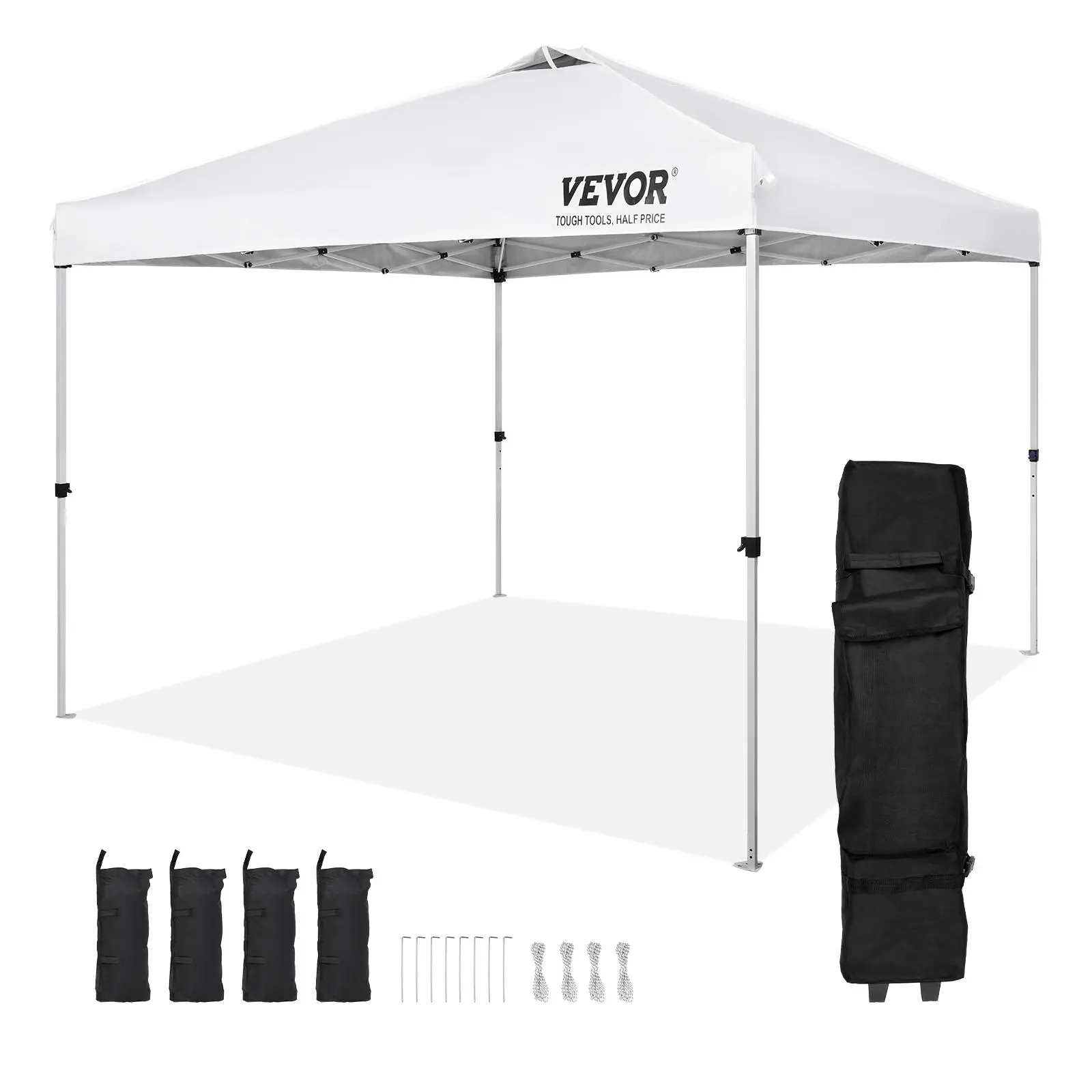 【summerfinds】VEVOR 10x10 ft Sturdy Pop Up Adjustable Patio Canopy Tent, 250D PU Silver Coated Tarp, Portable Awnings with Roller Bag & 4 Sandbags, Waterproof Sun Protection for Picnics, Outdoor Parties (White, Father's Day Gift)