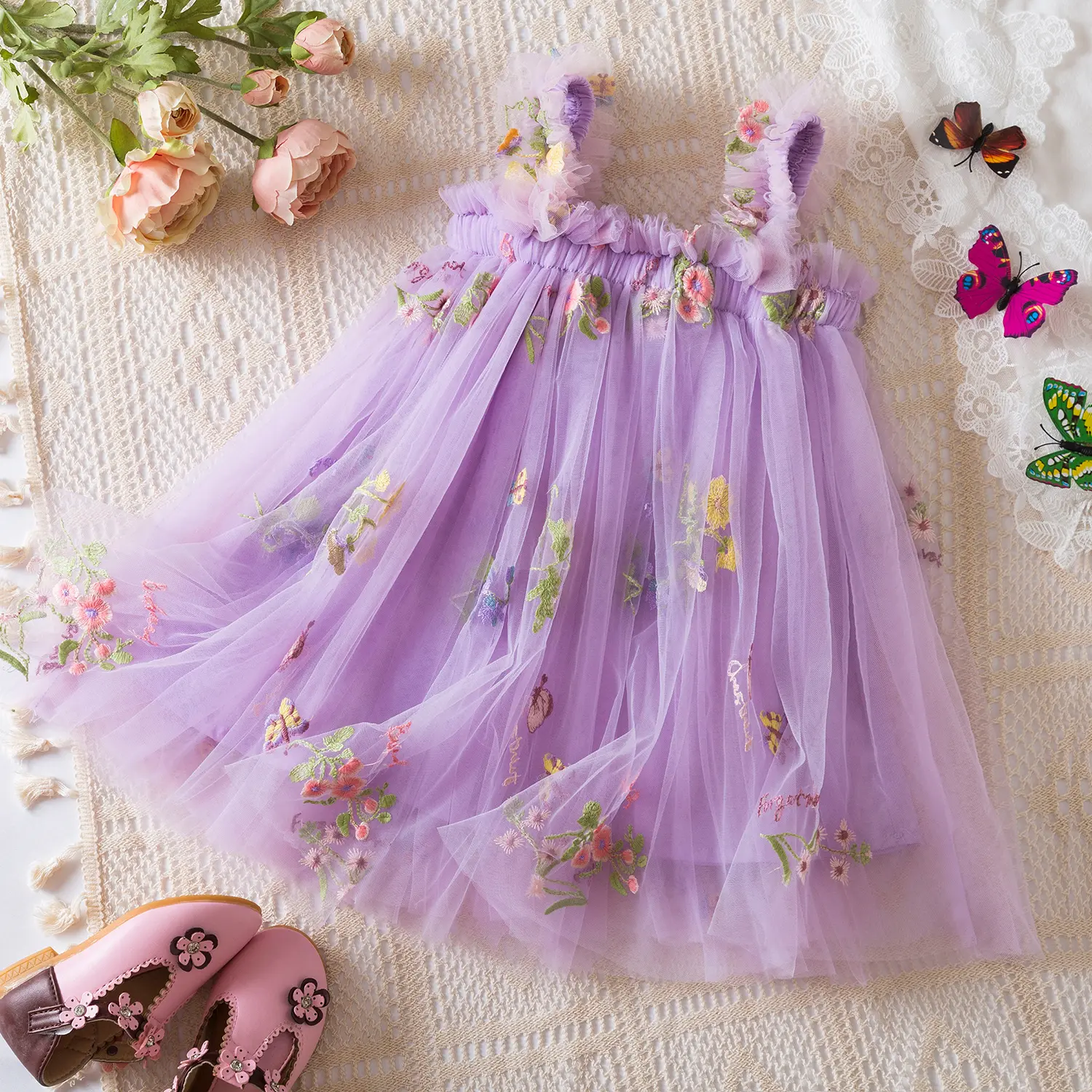 Lovely Butterfly Dress for Girls 1-5 Years Embroidery Suspender Holiday Printting Summer Dress  Casual Tulle Sweet Princess Birthday Girls Dress baby dress