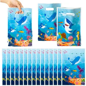 50Pcs Ocean Animal Party Favor Bags Ocean Themed Waterproof Plastic Goodie Bag With Die Cut Handle Whale Shark Rectangular Gift Pack For Kids Birthday Baby Shower Decoration Supplies